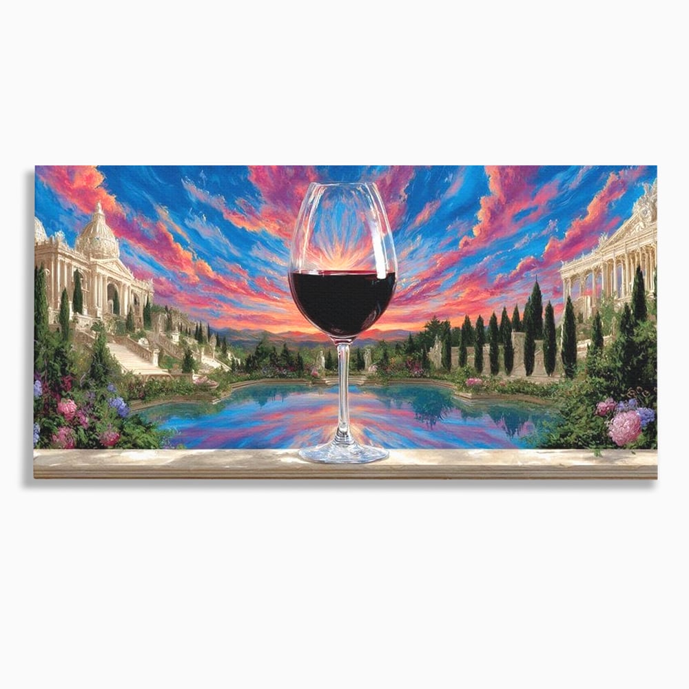 Tablou canvas cu tablou canvas cu pahar de vin si apus, fara rama, pe sasiu de lemn